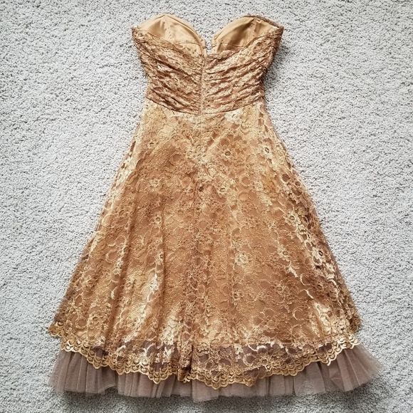 Bronze/Gold Lace Overlay Strapless Formal Gown - Picture 5 of 15